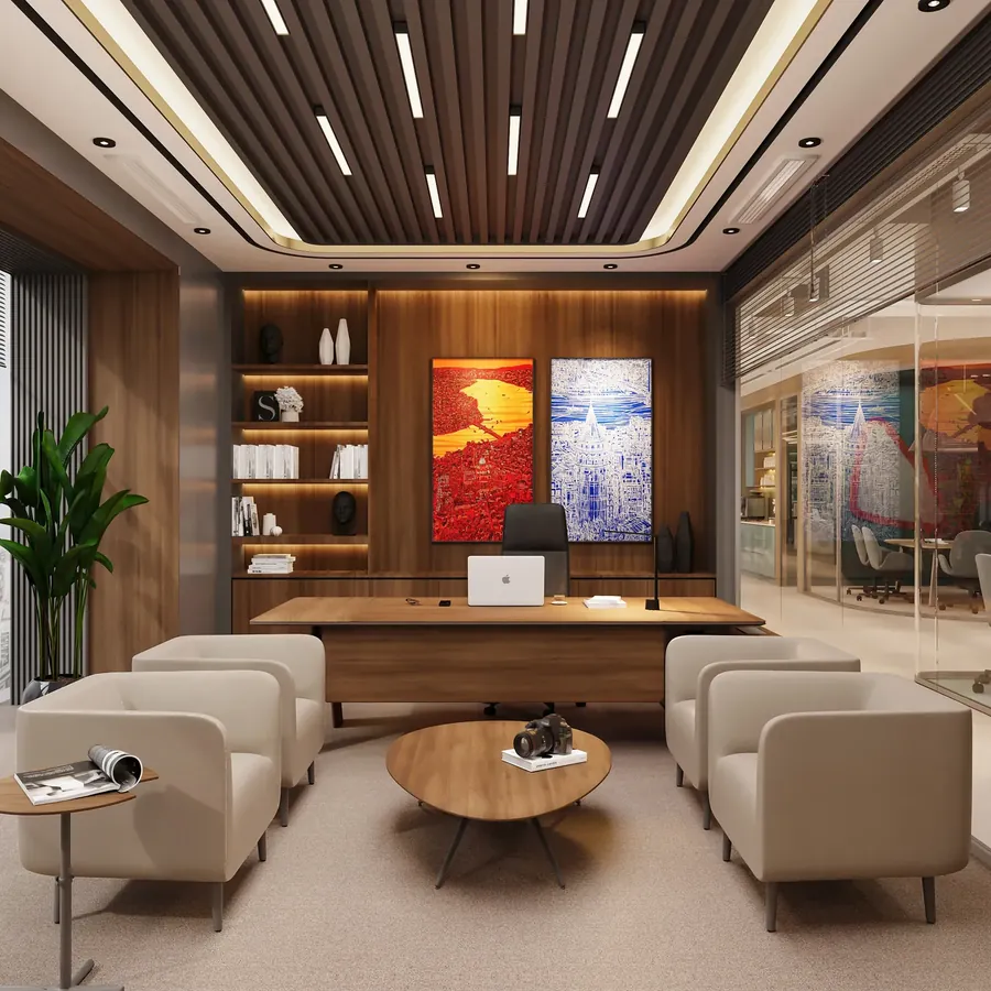 Pisa Edu ofisinde ahşap raflı lounge alanı